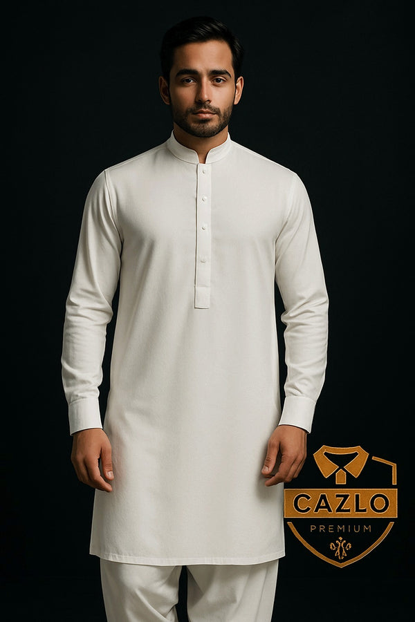 WHITE BLENDED CASUAL KAMEEZ SHALWAR